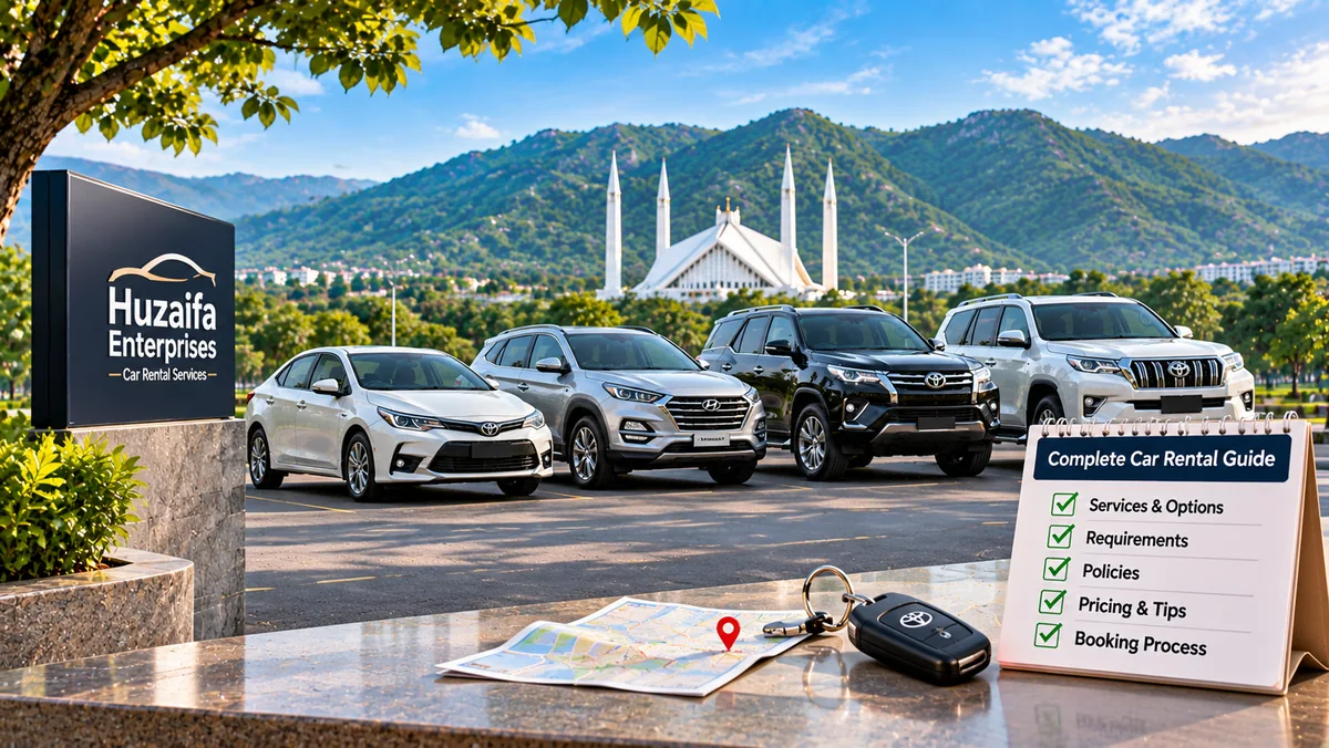 Sedan and SUVs near Faisal Mosque with a car rental checklist, map and keys in the foreground