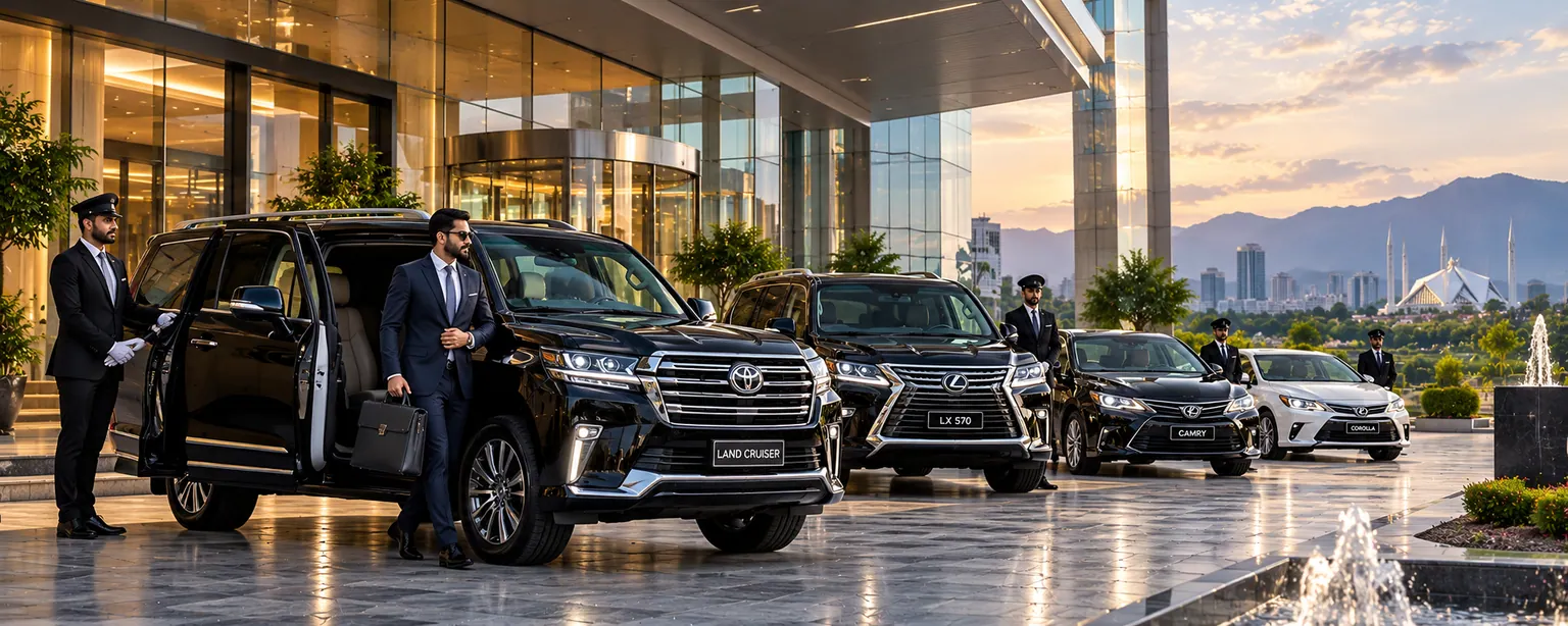 Land Cruiser, Lexus SUV and sedans at a building entrance with suited travellers and attendants at sunset