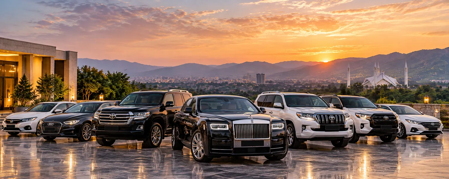 Sedans and SUVs lined up at sunset with Faisal Mosque and the Margalla Hills in the background