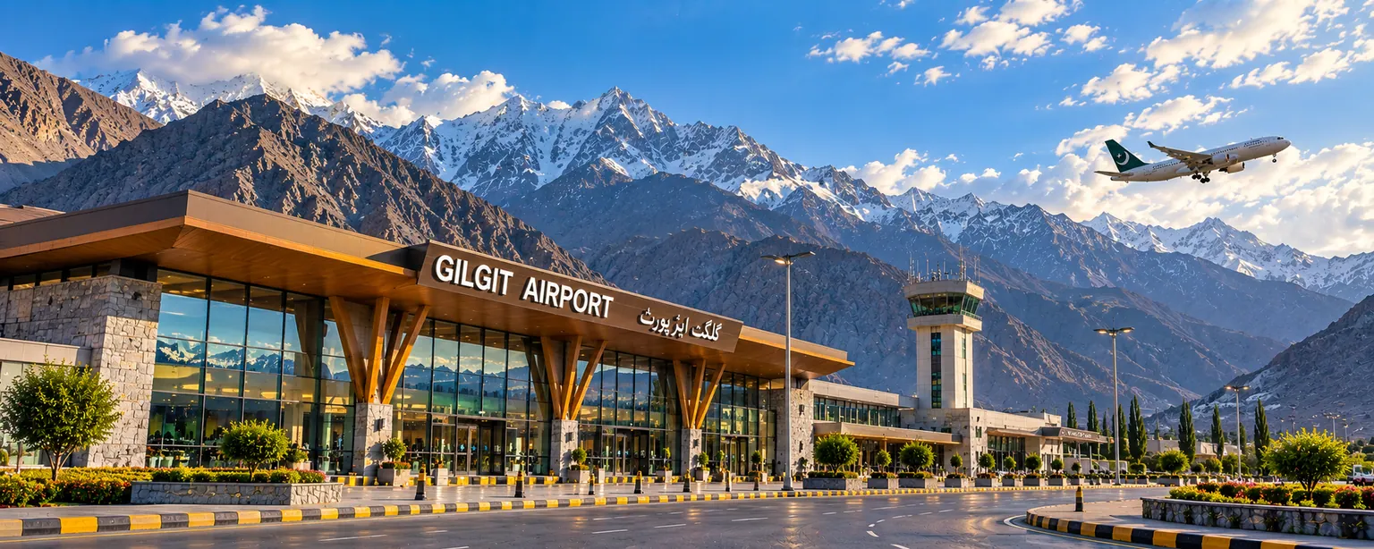 Supplied view of a terminal labelled Gilgit Airport, with a control tower, an aircraft, trees and snow-covered mountain peaks under a blue sky