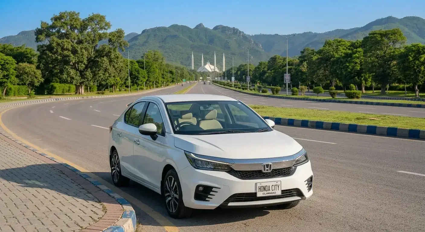 White Honda City sedan available for rent in Islamabad