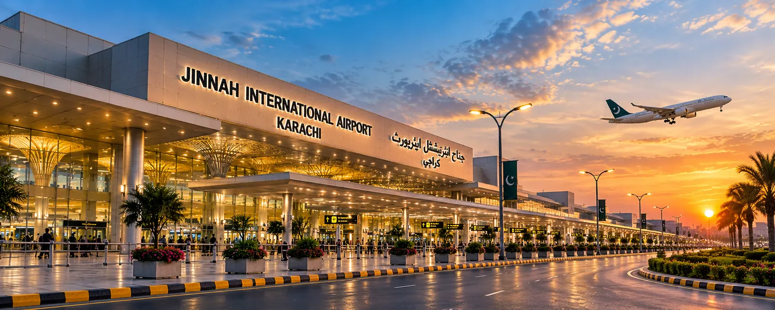 Supplied view of a terminal labelled Jinnah International Airport Karachi, with illuminated columns, palm trees and an aircraft at sunset