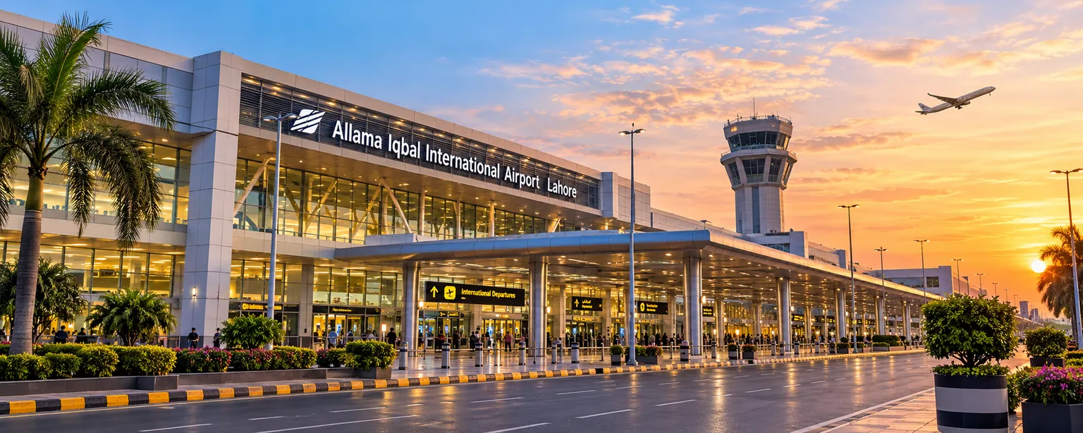 Supplied view of a terminal labelled Allama Iqbal International Airport Lahore, with a control tower, palm trees and an aircraft at sunset