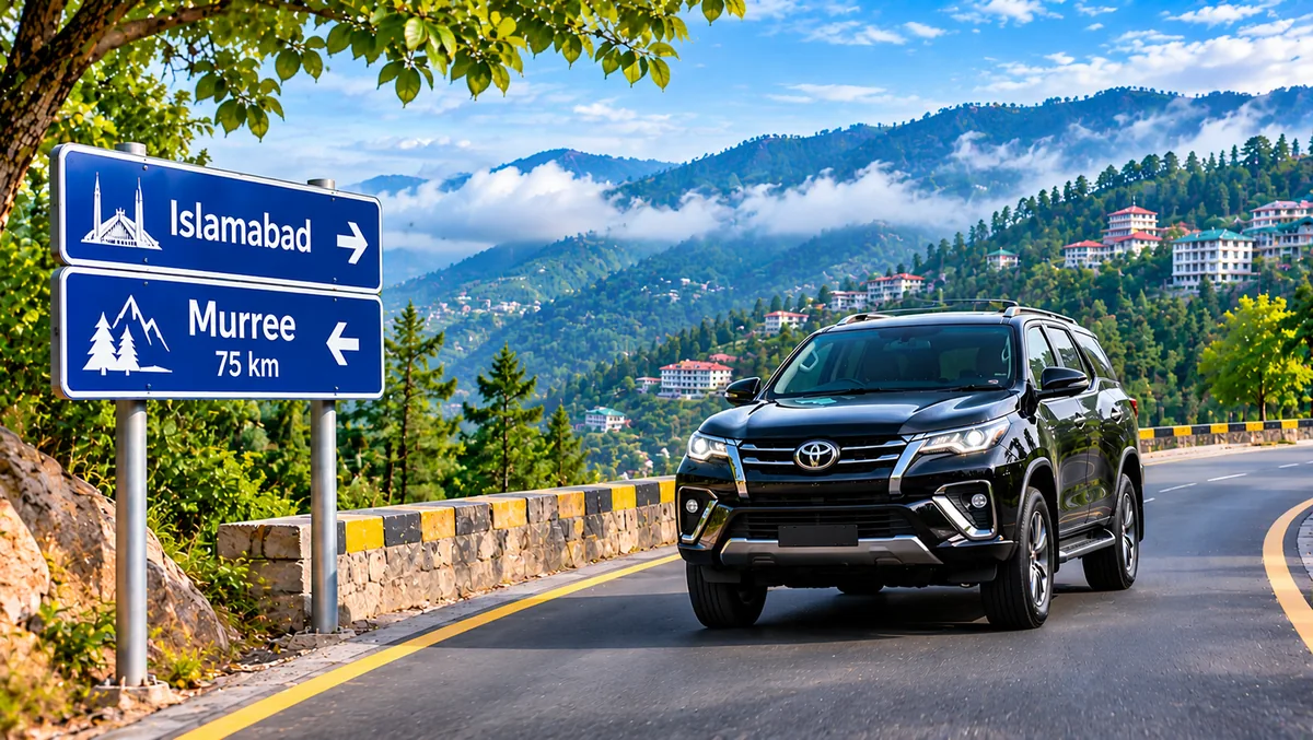 Black Toyota Fortuner on a winding hillside road beside Islamabad and Murree direction signs