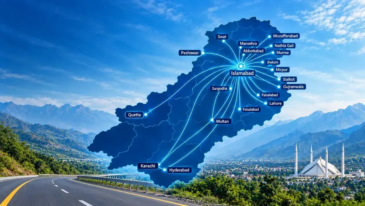 Conceptual Pakistan route artwork showing connections from Islamabad over a mountain-road and city background