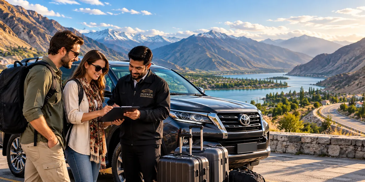 Travel-planning scene with two visitors reviewing a clipboard beside an SUV overlooking a mountain lake