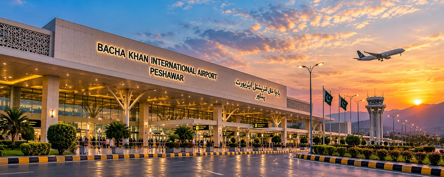 Supplied view of a terminal labelled Bacha Khan International Airport Peshawar, with flags, a control tower, mountains and an aircraft at sunset