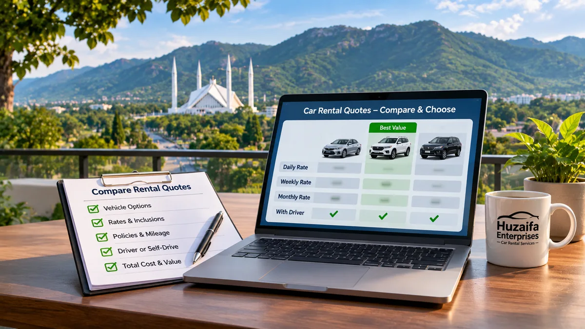 Laptop and rental quote checklist on a table overlooking Faisal Mosque and the Margalla Hills in Islamabad