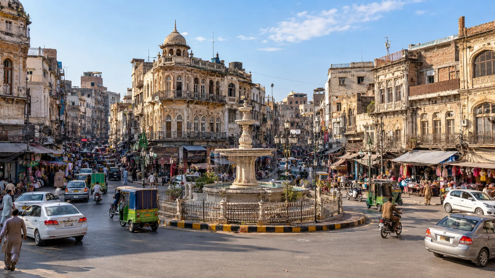 Illustration of a busy old-city bazaar and fountain, inspired by Rawalpindi
