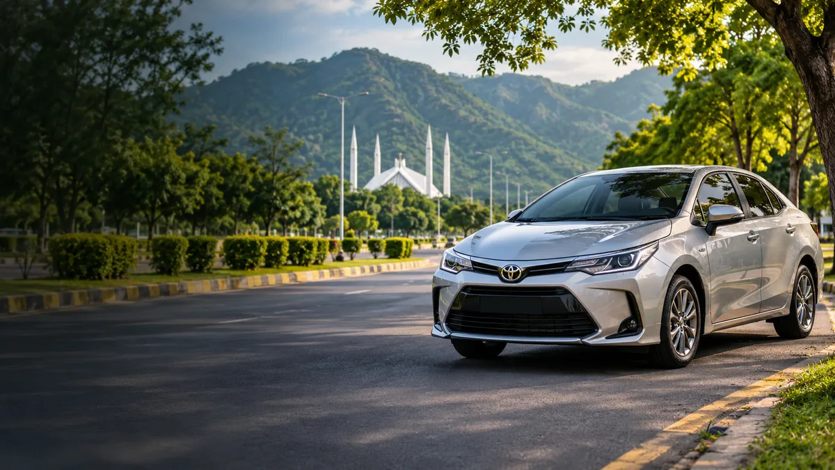 Silver Toyota sedan on a tree-lined road with Faisal Mosque and the Margalla Hills in the background