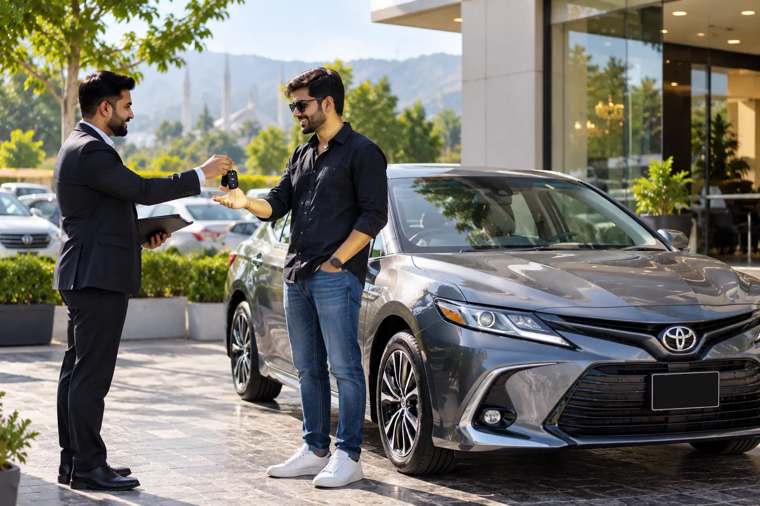 Car-key handover beside a silver sedan for self-drive car rental