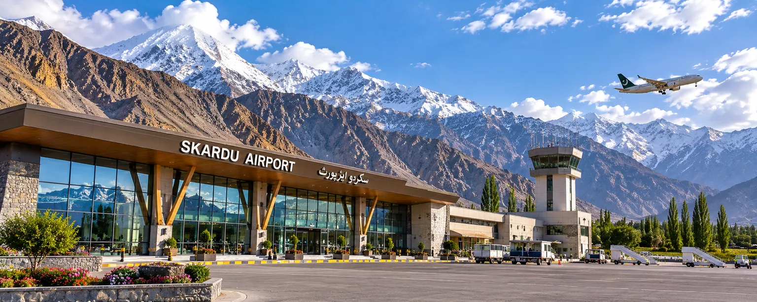 Supplied view of a terminal labelled Skardu Airport, with a control tower, an aircraft and snow-covered mountain peaks under a blue sky