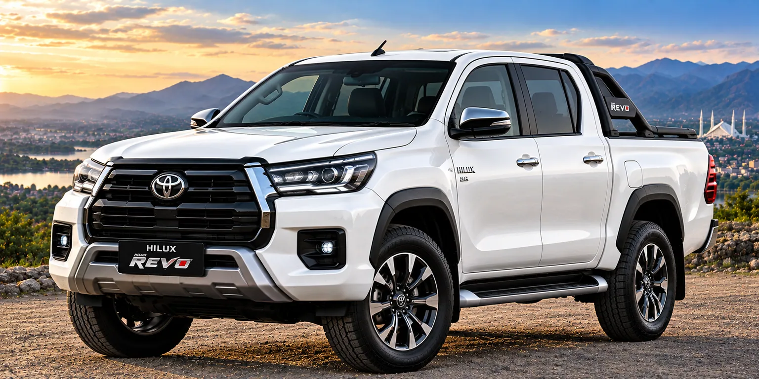 White Toyota Revo pickup available for rent in Pakistan