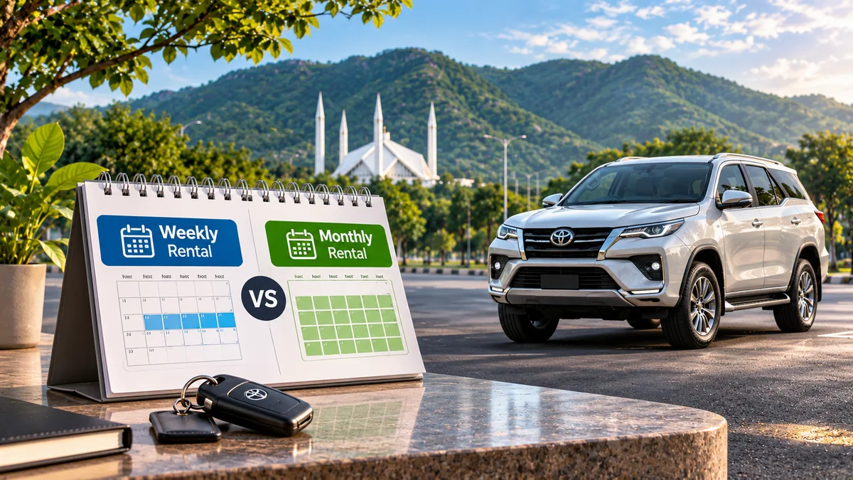 Weekly and monthly rental calendar with car keys and a white Toyota Fortuner near Faisal Mosque in Islamabad