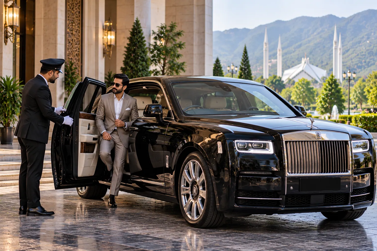 Driver opening the rear door of a black Rolls-Royce at an Islamabad hotel entrance